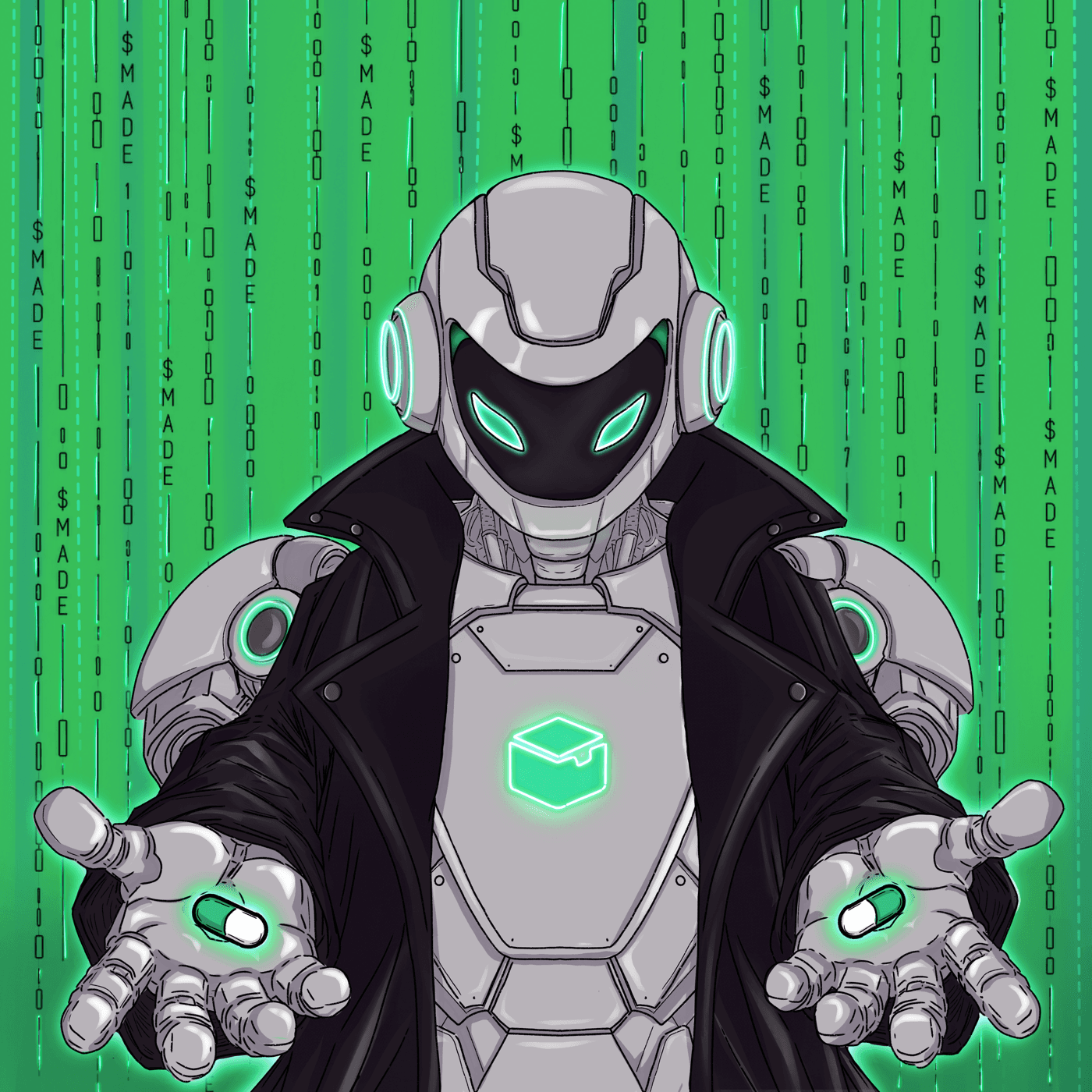 MADETRIX: SelfMade #08 in a black coat against green falling code.